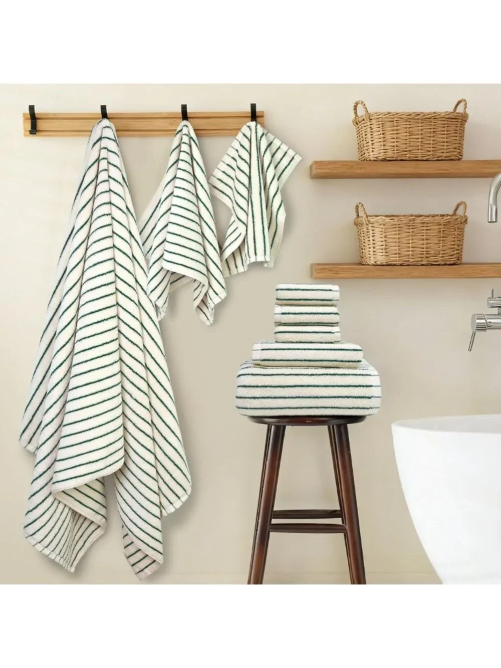 8-Piece Soft Green Towel Set - Ultra Absorbent Cotton Striped Bath Towels